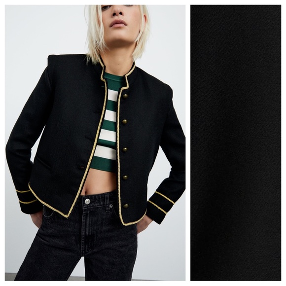 NWT. Zara Black Wool Blend Cropped Jacket with Golden Details. Size XS.
